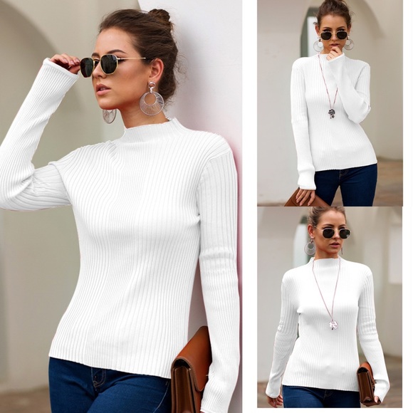 Tops - 🍁 Mila Ribbed Mock Neck White Blouse